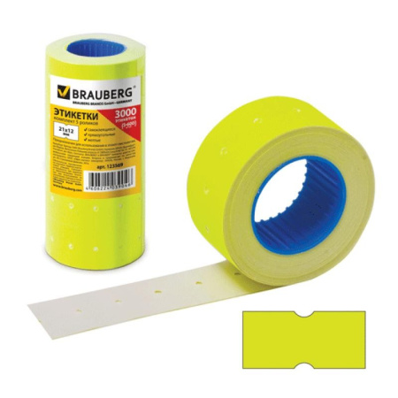 Этикетки для этикет пистолета BRAUBERG 21*12мм. 1 рулон 600 шт. желтая (123569)
