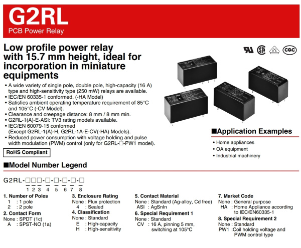 Реле электромагнитное DC  5в,  8а, DPDT, 29*12.7*15.7мм, Omron G2RL-24 5VDC