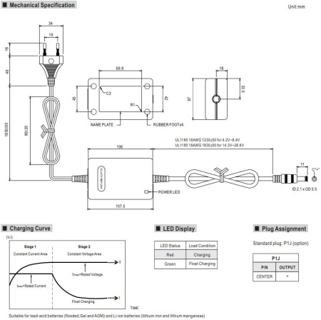 Зарядное устройство Mean Well GC30E-1P1J, NiMh 4S, 5.6в, 0..3.99А, 5.5.*2.1(+)