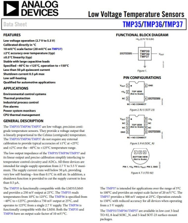 микросхема TMP36GT9Z, датчик температуры, -40..125°С(±3°), 750мВ при 25°С, TO92