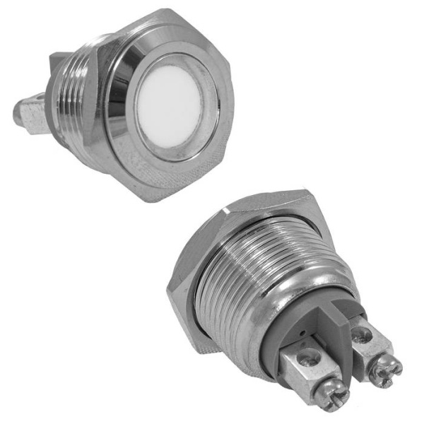 Лампа индикаторная GQ16F-W,  12..24в, белый, IP65, металл, светодиодная LED, М16