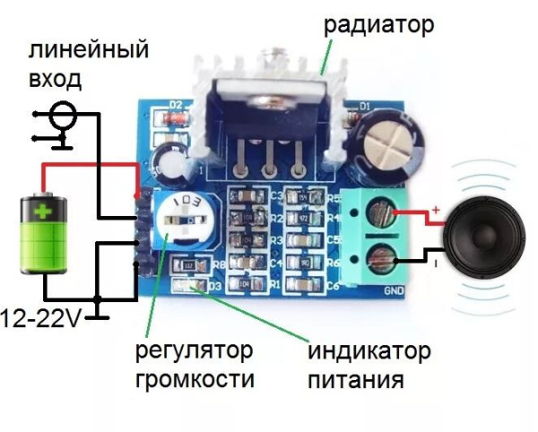 Модуль усилителя звука 1*18Вт, 6..12в, TDA2030