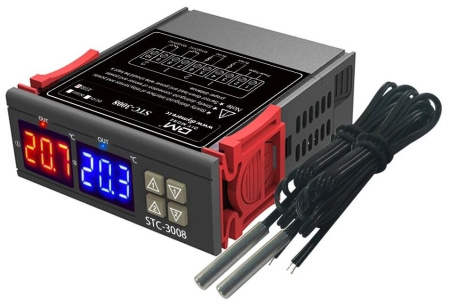 Терморегулятор цифровой, питание AC220в, 2 датчика, -50...99C, 10А, STC-3008