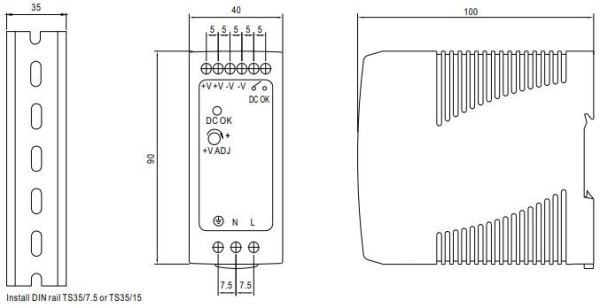 Блок питания на DIN рейку 12в,  5а, 40*90*100мм, Mean Well MDR-60-12