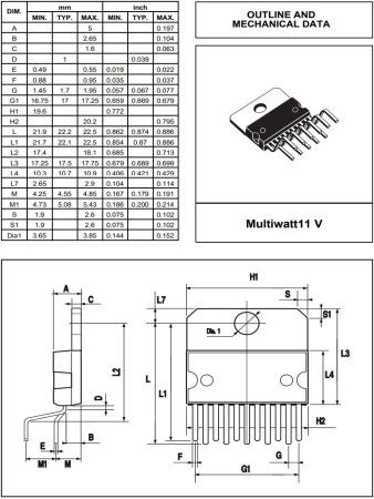 микросхема TDA7265 STM, УМЗЧ, 2*25W, ±5…25V, Multiwatt11