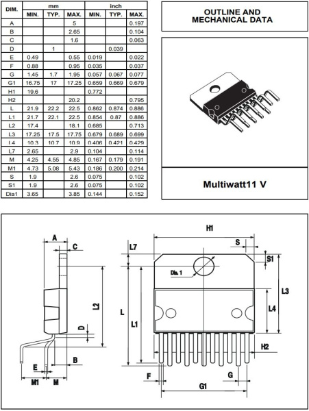 микросхема TDA7265 STM, УМЗЧ, 2*25W, ±5…25V, Multiwatt11
