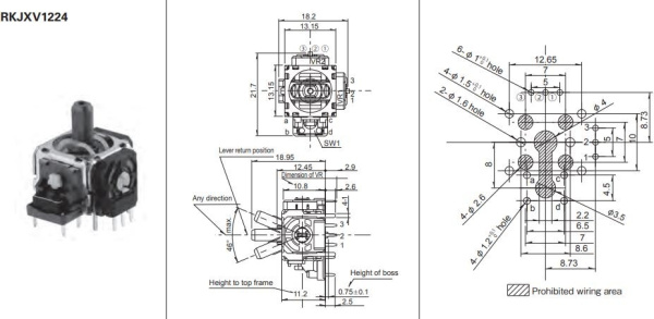 Стик аналоговый AC50в/DC5в, 0.0125вт, с кнопкой, для джойстика, Alps RKJXV1224 (mark 3318)