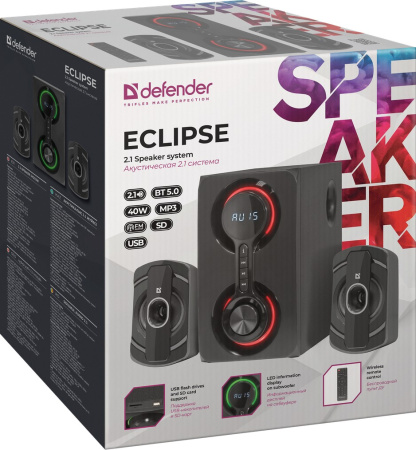 Актив.колонки 2.1 Defender Eclipse 40Вт, Bluetooth, FM, MP3, SD/USB, питание от сети, MDF, Black