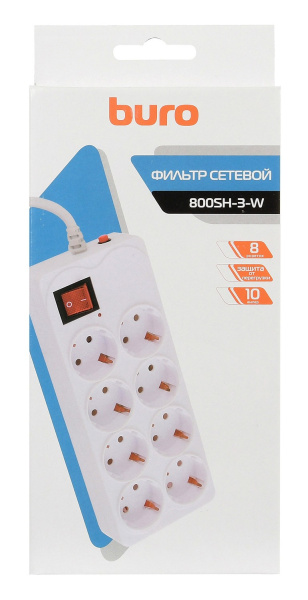Сетевой фильтр  3.0м, 8 розеток Buro, 800SH-3-W , 10А, 2200Вт, с выключателем, белый, коробка