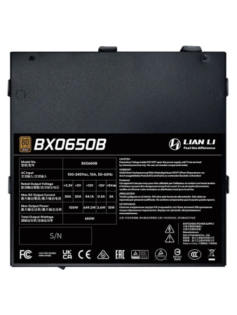 Блок питания 650Вт Lian Li BX0650B (ATX 3.1,APFC,135мм,2PCI-E,16-pin (12V-2X6),PCI-E 5.1,5SATA,80+Bronze)[G9P.BX0650B.B000.RU]