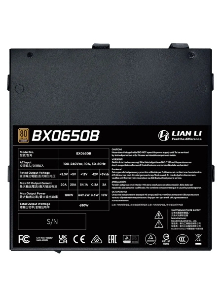 Блок питания 650Вт Lian Li BX0650B (ATX 3.1,APFC,135мм,2PCI-E,16-pin (12V-2X6),PCI-E 5.1,5SATA,80+Bronze)[G9P.BX0650B.B000.RU]