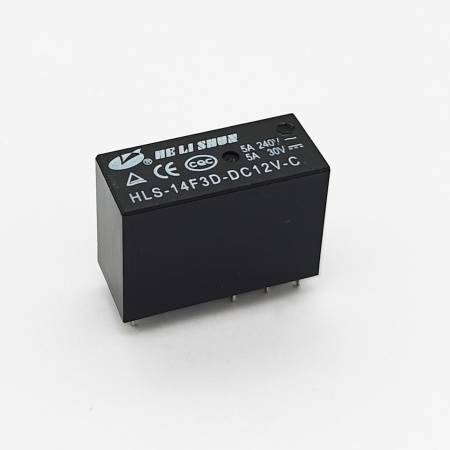 Реле электромагнитное DC 12в,  5а, DPDT, 29*12.6*20.6мм, Helishun HLS-14F3D-DC12V-C