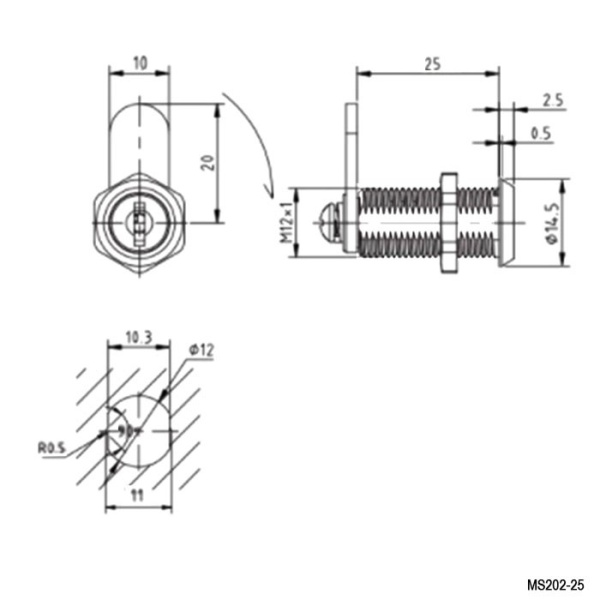 замок M12, глубина 25мм, ригель прямой, Ruichi MS202-25