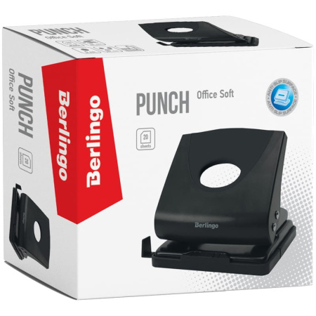 Дырокол BERLINGO "Office Soft" на 20л. пластик, черный с линейкой(DDp_20161)