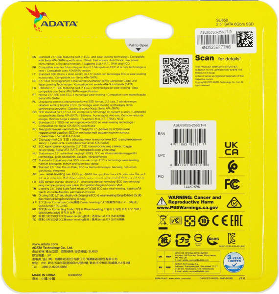 SSD-накопитель 256Гб ADATA [ASU650SS-256GT-R](Silicon Motion SM2258,TLC 3D NAND,520/450 Мб/с)