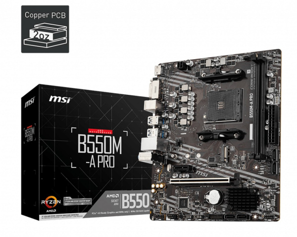 Мат.плата SocAM4 AMD B550 MSI B550M-A PRO (mATX,2DDR4,ECC/non-ECC,M.2,PCI-E16,PCI-E,DVI,HDMI,PC4600)