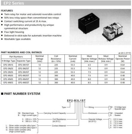 Реле электромагнитное DC 12в, 25а, 2*SPDT separate, 23.8*16.2*16мм, NEC EP2R-N51