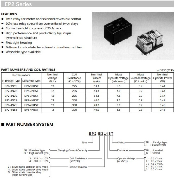 Реле электромагнитное DC 12в, 25а, 2*SPDT separate, 23.8*16.2*16мм, NEC EP2R-N51
