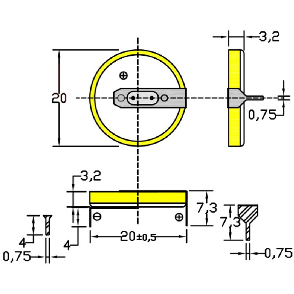 Батарейка CR2032/1HF, 2 вывода, гориз. расстояние между контактаим 20мм 1шт. /3В литиевая