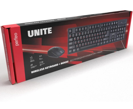 Беспроводной комплект Perfeo "UNITE" USB: клав-ра 104 кн. + оптич. мышь 3 кн., 1000-1200-1600DPI