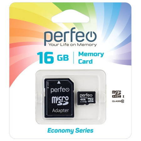 Карта памяти MicroSDHC 16Gb Perfeo Class10 economy series [PF16GMCSH10AES] (SD адаптер)