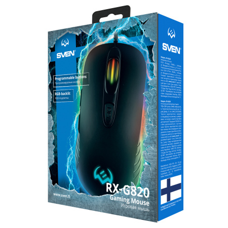 Игровая мышь USB Sven RX-G820 оптическая, 6кн., 200-4800dpi, подсветка, кабель 1.8м, Black