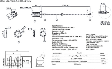 Пигтейл UFL-F - SMA-F, RG178 13см, UFL-F/SMA-F JV-003+O