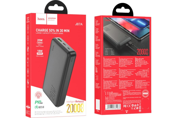 Аккумулятор внешний 20000_mAh HOCO J87A USB 3.0/PD20W/Micro USB (черный)
