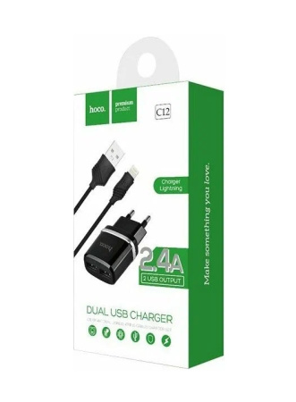 Зарядное_устройство - USB 2*2.4A+lightning HOCO C12 Черный