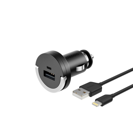 Автомобильное_З\У - USB_1A Deppa Ultra черное + кабель 8-pin для Apple (MFI) (11251)