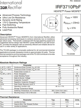транзистор FET IRF3710PBF Infineon 57А 100В N-ch TO220