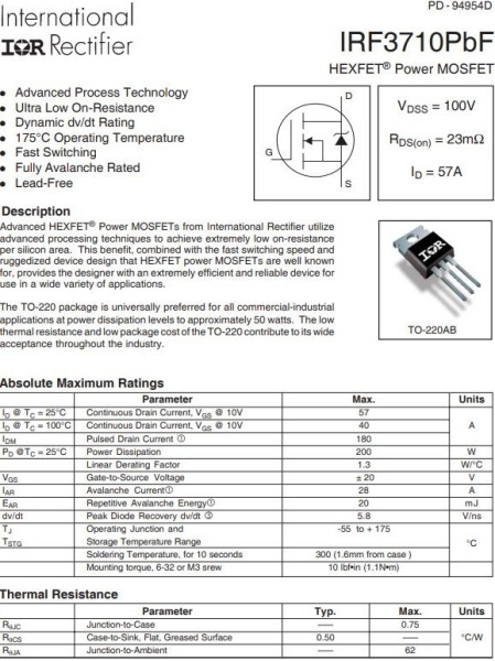 транзистор FET IRF3710PBF Infineon 57А 100В N-ch TO220