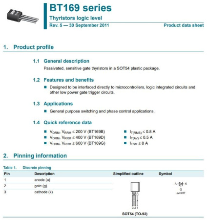 Тиристор BT169D,112 400V 0.8A 200mkA логический уровень sot54 (TO92)