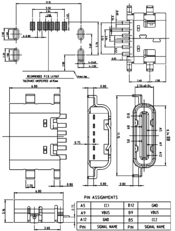 Системный разъём №175 Type-C 6pin, крепежи в сторону, в проём на плате