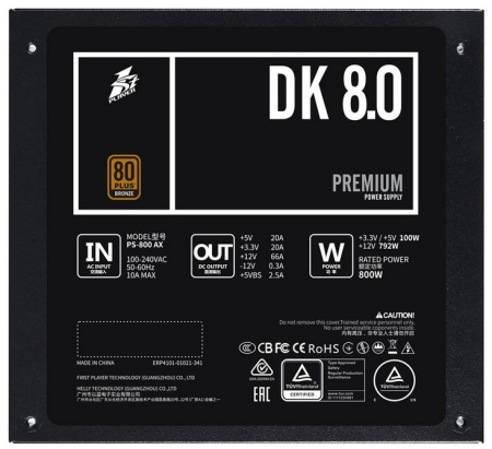 Блок питания 800Вт 1STPLAYER DK PREMIUM 800W (APFC,120мм,4PCI,6SATA,80+ Bronze)[PS-800AX]