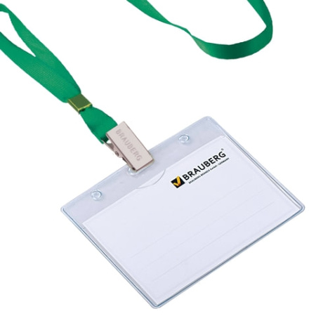 Лента для бейджа BRAUBERG 45 см, металлический клип, зелёная (235735)