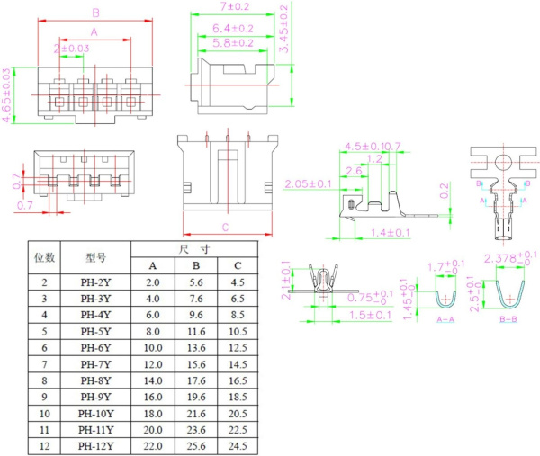Разъем штыревой P2.0мм PH2.0  4pin, гнездо на кабель