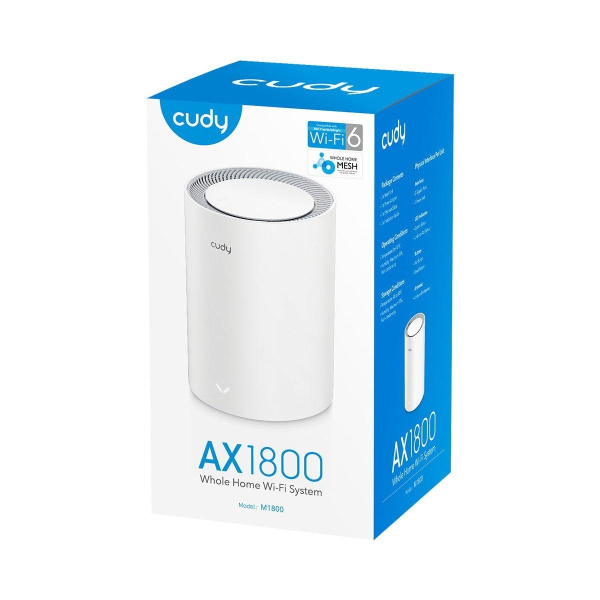 Маршрутизатор CUDY AX1800 Wi-Fi 6 Mesh Solution 1-Pack, Chipset MediaTek, Dual-Band, 802.11ax/ac/a/b/g/n,  1201Mbps at 5GHz + 574Mbps at 2.4GHz, 2 Gigabit Ethernet Ports, 4 internal antennas,  MU-MIMO, DDNS, Zerotier/Wireguard/OpenVPN/IPSec/L2TP/PPTP VPN,