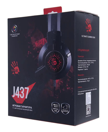 Игровая гарнитура A4Tech Bloody J437 мониторные, 16Ом, 100дБ, кабель 1.8м, USB Black