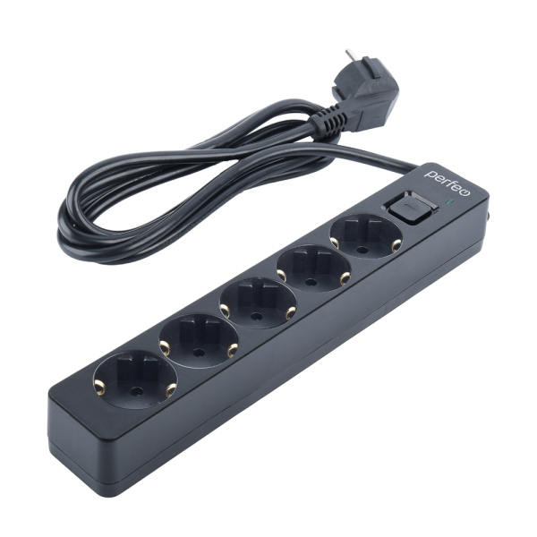 Сетевой фильтр  1.8м, 5 розеток Perfeo, REAL STREAM, 16А, 3500Вт, с выключателем, тройная защита, черный