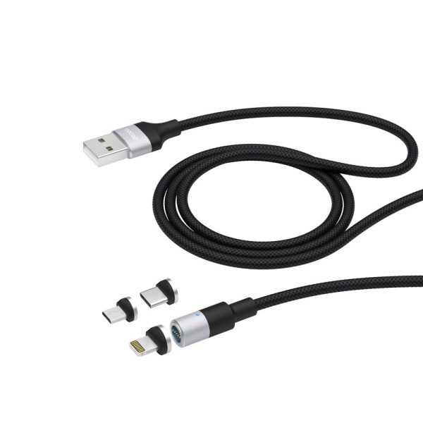 Кабель 3 в 1 MicroUSB(m)/Lightning (m)/USB Type-C (m) - USB(m) Deppa, 1.2м, магнитный, 2.4А, черный 