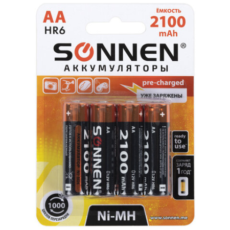 Аккумулятор Ni-MH AA SONNEN 2100mAh/1.2в блистер 4шт.
