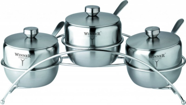 Сахарница Winner WR-4051 нерж. сталь, 460мл.,3 сахарницы, 3 ложки, подставка