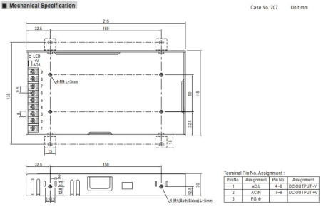 Блок питания в корпусе 48в,  4.4а, IP20, 215*115*30мм, Mean Well LRS-200-48