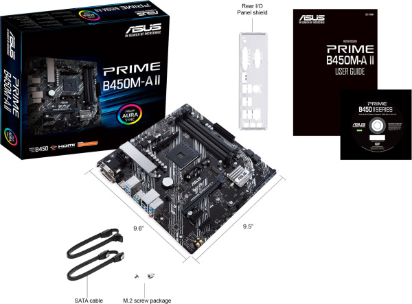 Мат.плата SocAM4 AMD B450 Asus PRIME B450M-A II (mATX,4DDR4 ECC/non-ECC,M.2,2PCI-E,SVGA,DVI,HDMI,Gb,