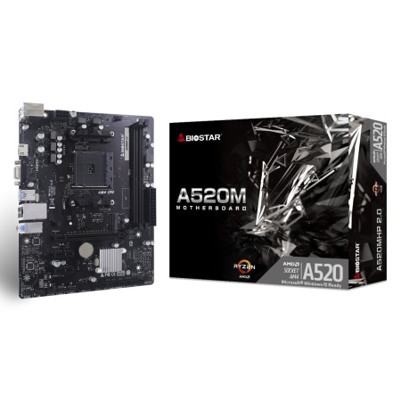 Мат.плата SocAM4 AMD A520 Biostar A520MHP 2.0 (mATX,2DDR4,M.2,PCI-E16,2PCI-E,VGA,HDMI,PC4266+(OC)