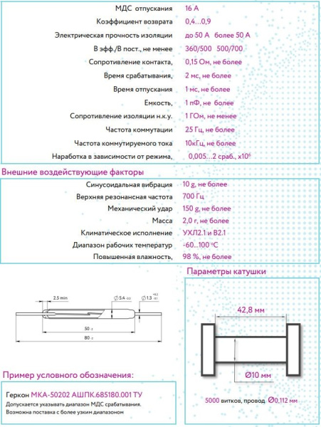 Геркон замыкающий 2 контакта, 250в, 5а, 50мм, МКА-50202