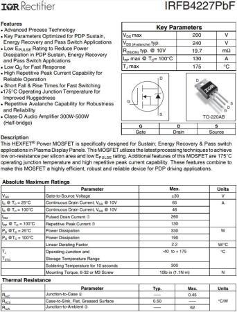 транзистор FET IRFB4227 200V 65A N-Ch 19.7mohm 330W TO220