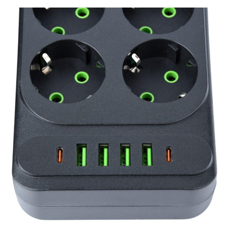 Сетевой удлинитель  2.0м, 6 розеток Amper, JH-1076U-2B, 10А, 2500Вт, 4usb, 2Type-C черный