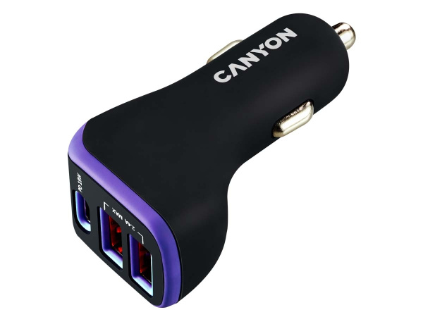 Автомобильное_З\У - USB Type C + 2*USB 2.4A 18Вт CANYON Black+Purple (CNE-CCA08PU)